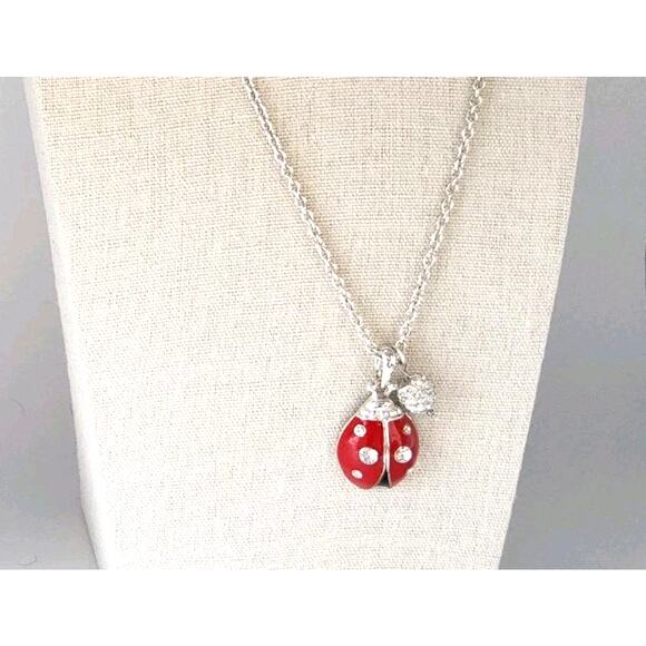 Ladybug Necklace With Rhinestones, and Silver Chain - Picture 1 of 5